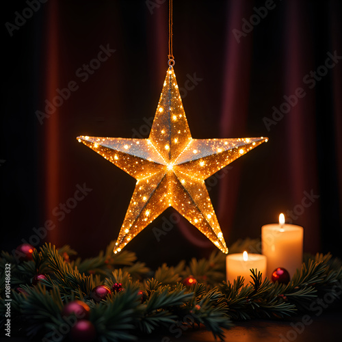 Glowing star ornament illuminating a candlelit setting surrounded by evergreen and holiday accents, photography of still life concept. photo