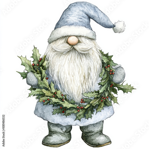 whimsical Santa Claus character wearing blue hat and wreath of holly, exuding festive spirit. Perfect for holiday themes