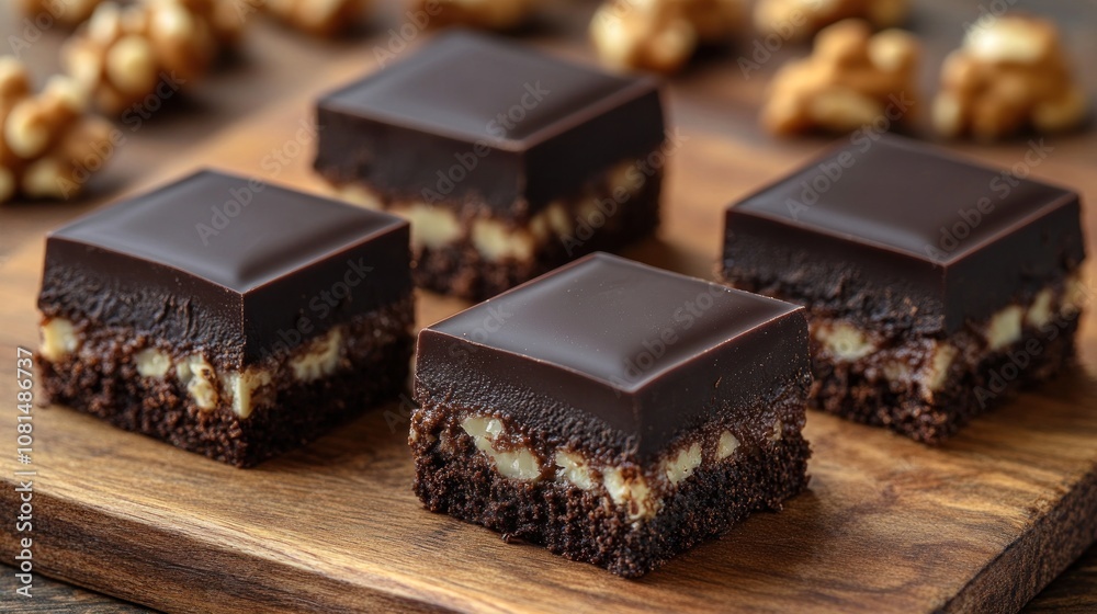 Chocolate walnut brownies with ganache topping on a wooden board. Chocolate walnut brownies with ganache topping on a wooden board.
