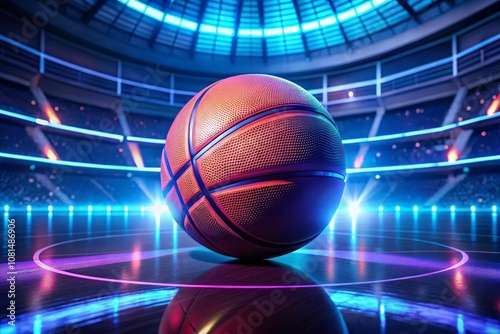 A basketball is on the court with the lights behind it