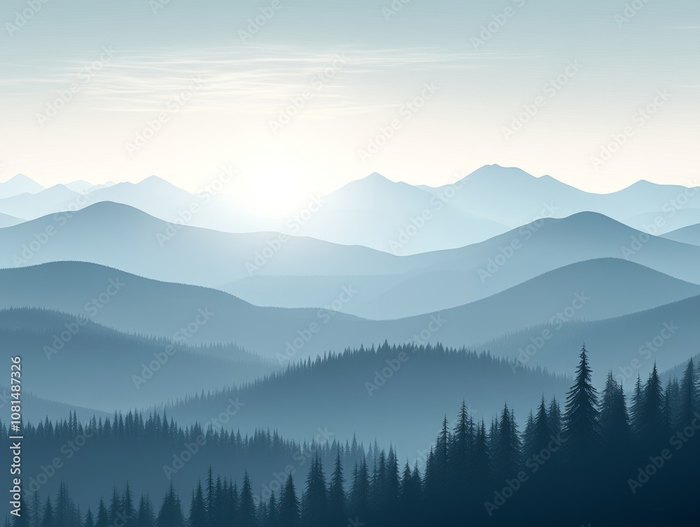 Serene mountain landscape with layered hills and a soft sunrise glow. Serene mountain landscape with layered hills and a soft sunrise glow.
