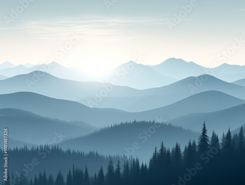 Serene mountain landscape with layered hills and a soft sunrise glow.