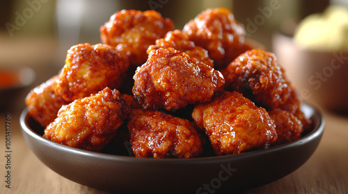Delicious crispy korean fried chicken wings plate food photography tasty meal gourmet fashion background with copy space. for cuisine dishes restaurant recipe advertising