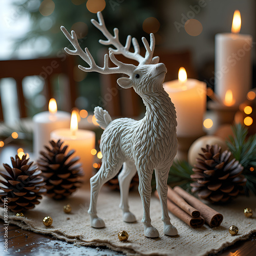 A playful white stag figurine amidst candlelight and pinecones for a cozy winter atmosphere, photograph of still life concept.