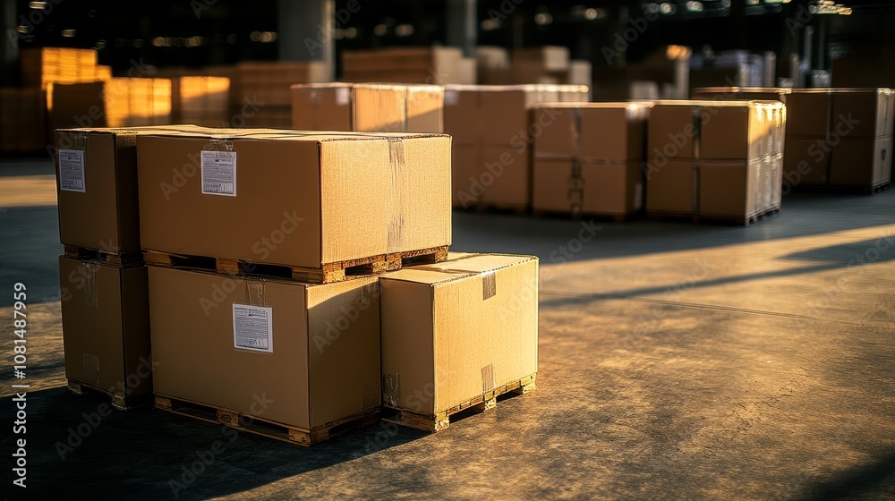 Stacked cardboard box on pallet in a warehouse setting, indicating storage or distribution purpose. Stacked cardboard box on pallet in a warehouse setting, indicating storage or distribution purpose.