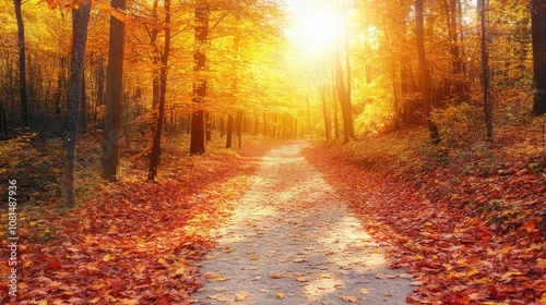 Sunlit Pathway Through a Golden Autumn Forest