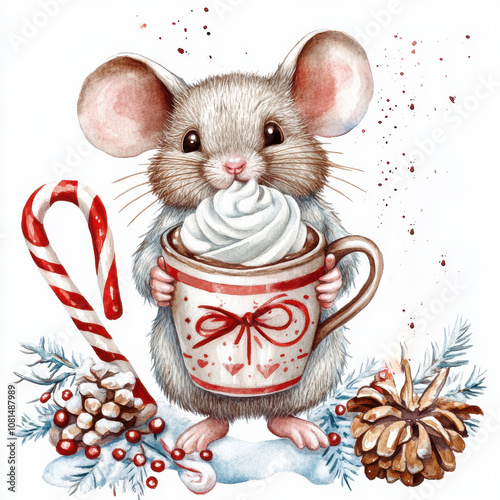 Cute mouse holding cup of hot chocolate topped with whipped cream, surrounded by festive elements like candy cane, pine cones, and snow. Perfect for holiday themes