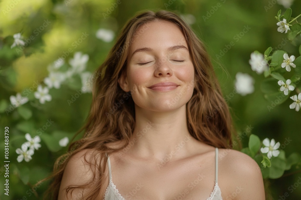 A woman is smiling and looking at the camera while surrounded by flowers A woman is smiling and looking at the camera while surrounded by flowers