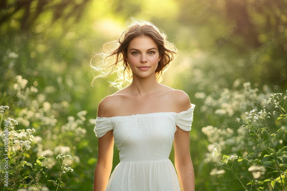 A woman is standing in a field of flowers, wearing a white dress A woman is standing in a field of flowers, wearing a white dress