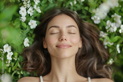 A woman is laying in a field of flowers, smiling and looking relaxed