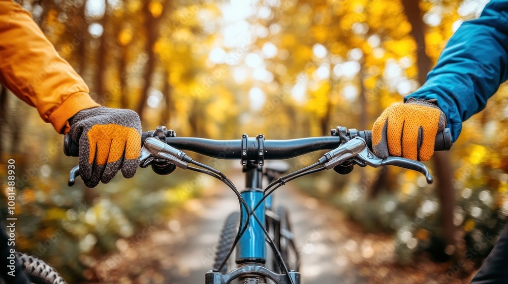 Close up of two hands on a bicycle handlebar in an autumn forest. Close up of two hands on a bicycle handlebar in an autumn forest.