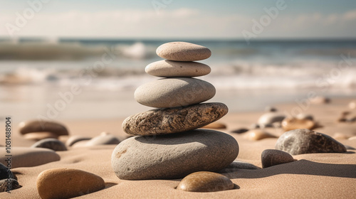 tacked smooth stones on a sandy beach with gentle waves in the background, symbolizing balance and serenity, soft natural light for a calming feel