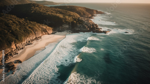 Stunning aerial view of a turquoise beach with clear waves gently lapping at white sand, lush greenery surrounding the shore, no people, captured during golden hour