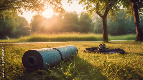 a natural park at sunrise, with workout equipment like a yoga mat on the grass, surrounded by trees, capturing an active, healthy lifestyle