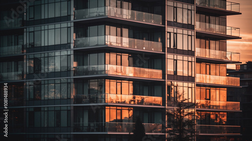 Modern high-rise apartment building exterior at sunset, with clean lines, large glass windows, and warm light glowing from inside