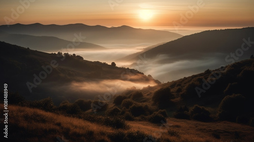Majestic view of a misty mountain range at sunrise, with rolling hills and layers of fog, a peaceful and awe-inspiring landscape