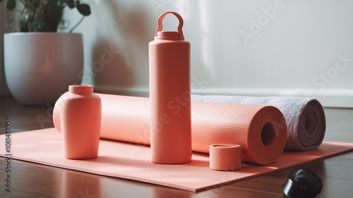  a yoga mat, and a water bottle in a well-lit home workout space, inspiring a healthy and active lifestyle, no people or branding photo