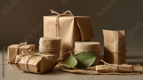 Eco-friendly packaging displayed on a neutral background, featuring brown paper, twine, and green leaves, representing sustainability in product packaging