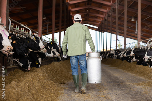 Rear view of farmer carrying aluminium milk churn along stalls with cows eating forage in cowshed