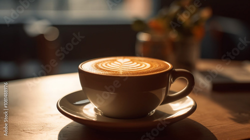 Close-up of a hot cappuccino in a ceramic cup on a wooden table, with latte art on top, warm natural light for a cozy coffee shop vibe
