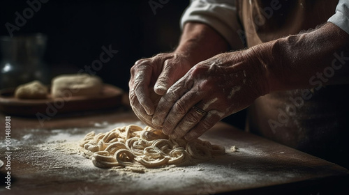 Chef’s hands preparing fresh pasta on a wooden countertop, with flour dusted around, capturing the artistry of cooking, hands only