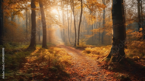 Beautiful autumn forest scene with warm golden and orange leaves, soft sunlight streaming through the trees, creating a cozy, seasonal atmosphere, no people