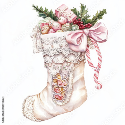 beautifully decorated Christmas stocking filled with sweets and festive decorations, showcasing mix of colors and textures, perfect for holiday cheer
