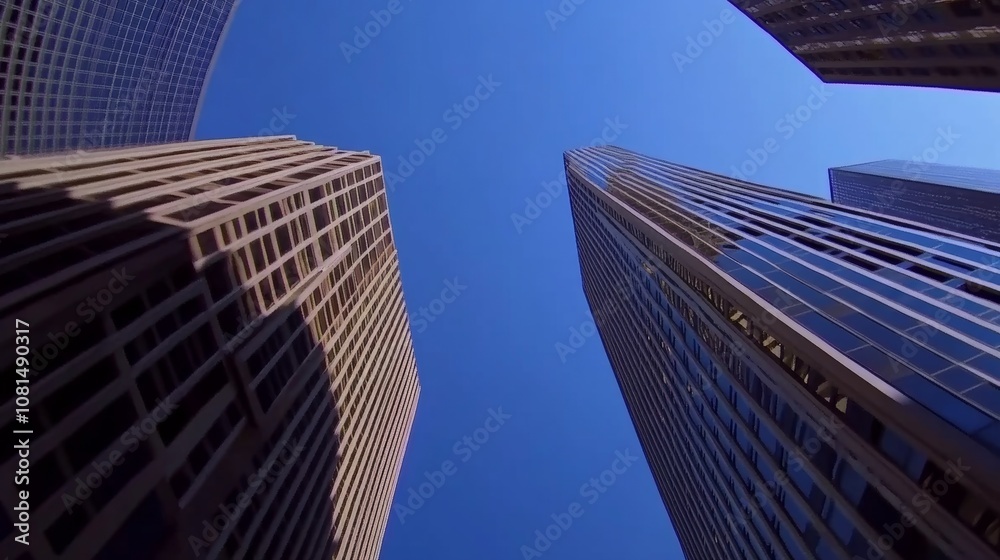 Looking Up modern high-rise office buildings with blue sky in the background.