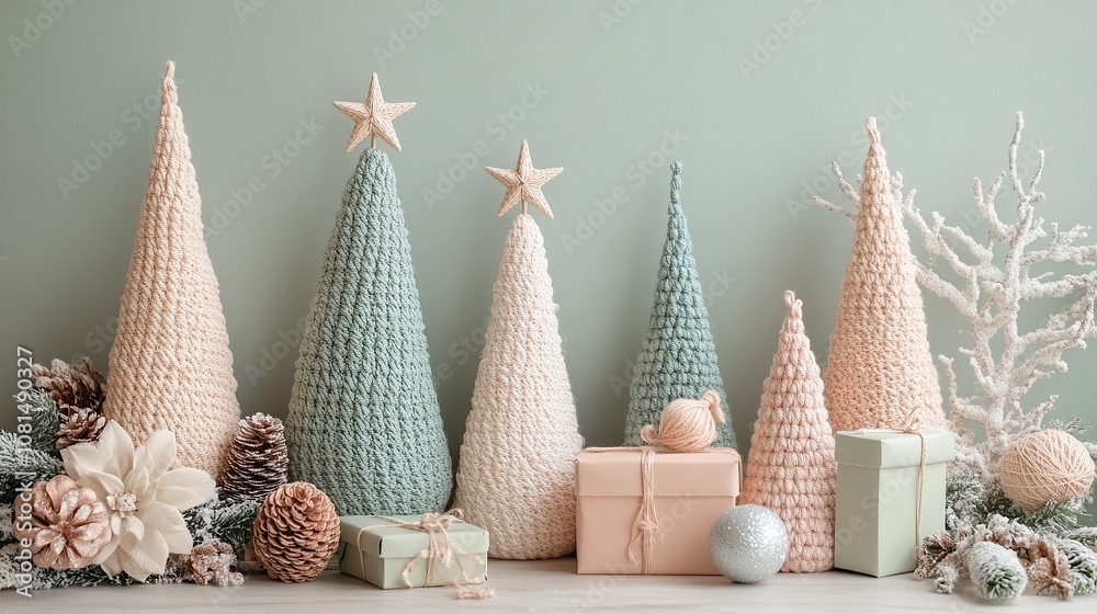 Handmade craft Christmas trees with decorations, sustainable living lifestyle Handmade craft Christmas trees with decorations, sustainable living lifestyle
