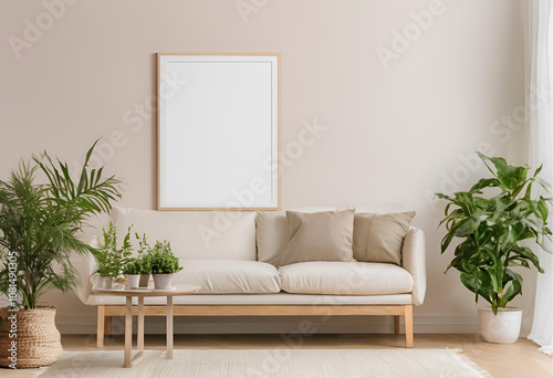 Blank Wall Poster Mockup in Cozy Living Room 