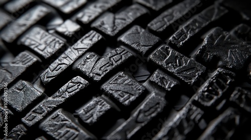 Macro shot of a new tire tread highlighting intricate patterns and textures used in automotive design and manufacturing