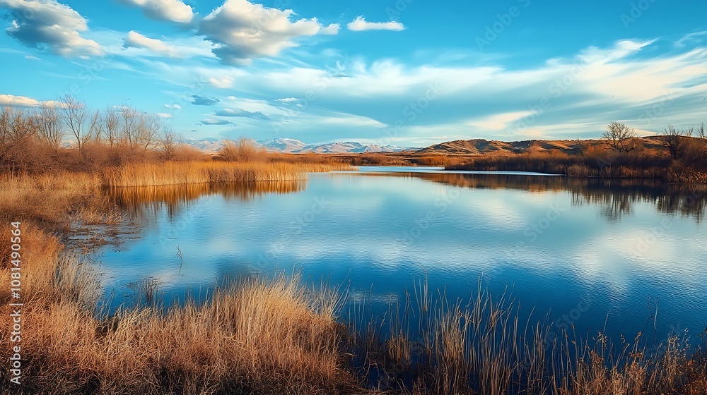 Serene lake landscape with blue sky, white clouds, and golden reeds Serene lake landscape with blue sky, white clouds, and golden reeds