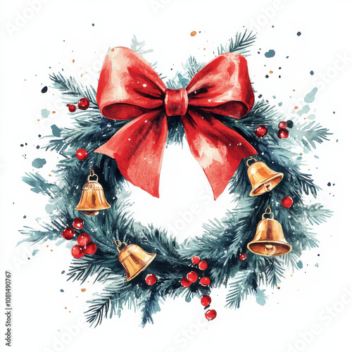 festive Christmas wreath adorned with red berries, golden bells, and large red bow, evoking holiday cheer and warmth. Perfect for seasonal decorations
