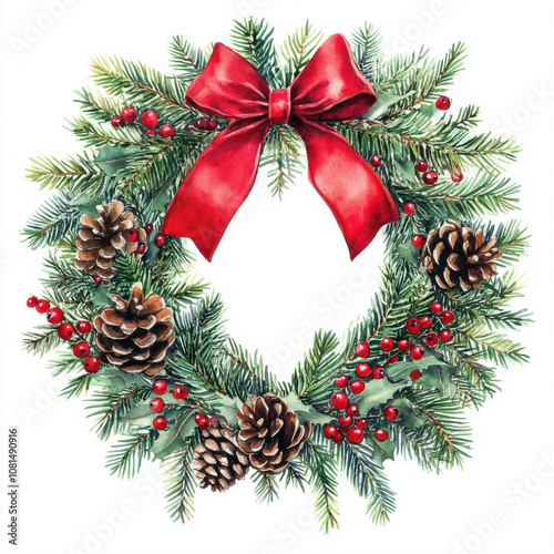 festive Christmas wreath adorned with pinecones, red berries, and red bow, perfect for holiday decorations
