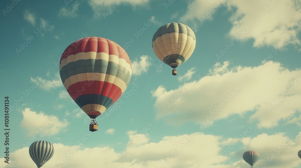 Obraz premium Hot air balloons soar in a blue sky.