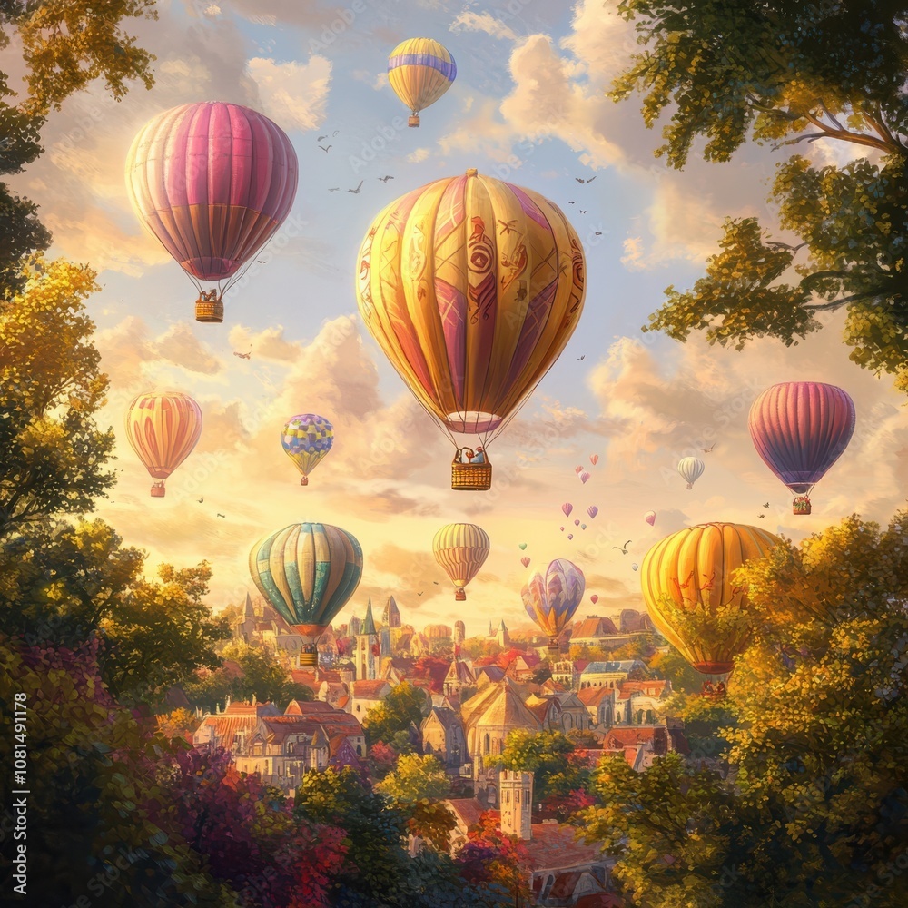 Fototapeta premium Hot air balloons soar over a town at sunset.