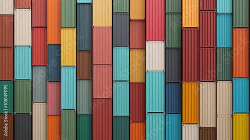 Colorful Cargo Containers: A vibrant and abstract composition of various colorful shipping containers stacked vertically, creating a dynamic and visually stimulating pattern.   photo