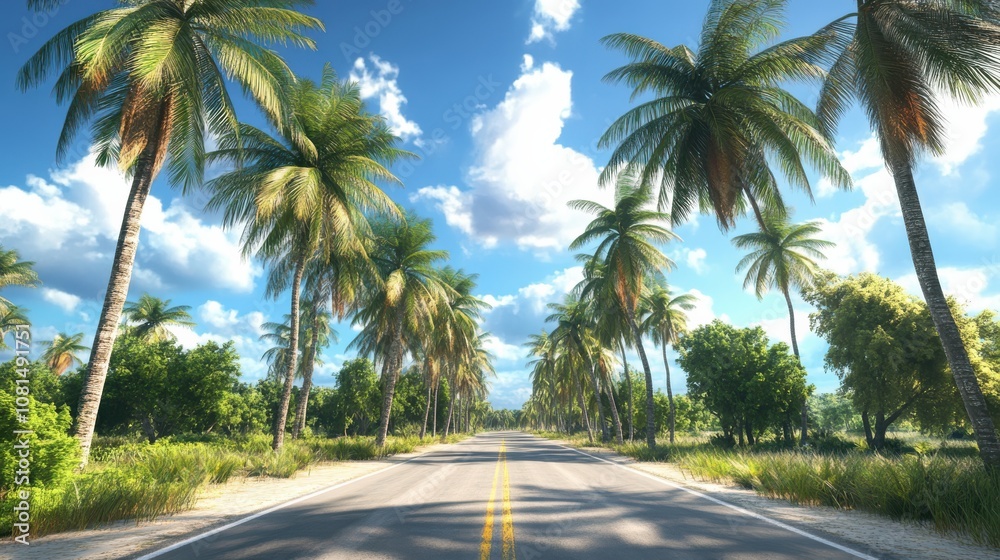 Palm trees line a road under a sunny sky. Palm trees line a road under a sunny sky.