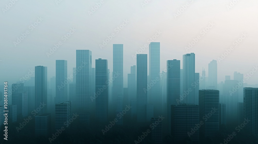 Obraz premium A misty skyline of towering skyscrapers, creating a mysterious and serene atmosphere. The buildings appear shrouded in fog.