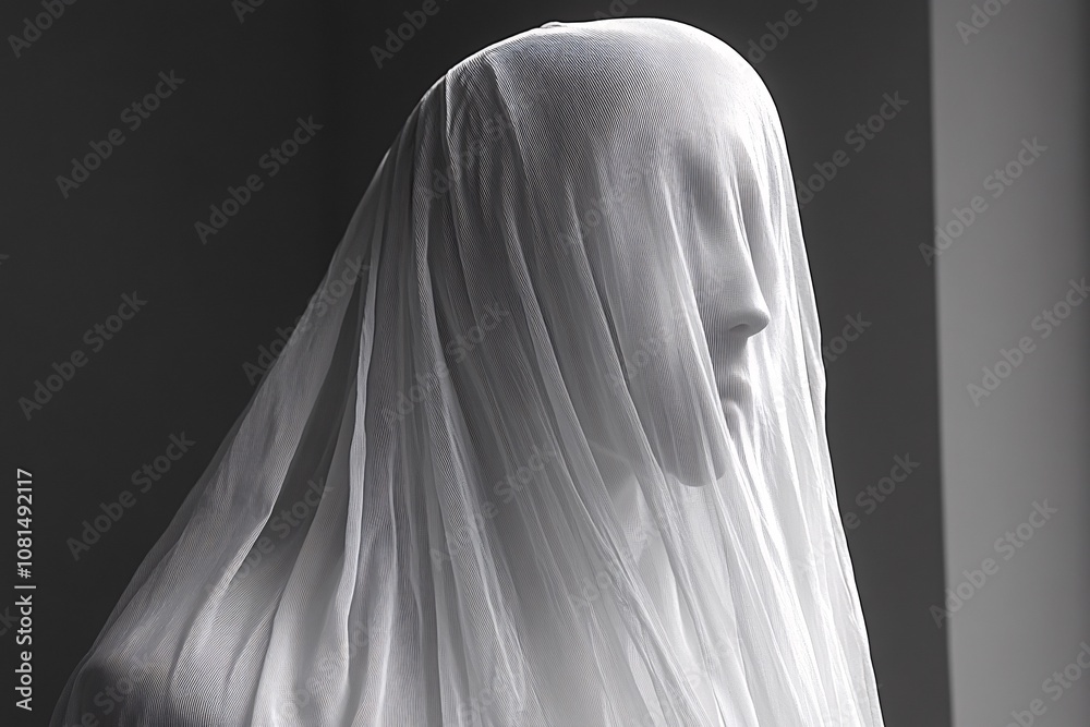 Person in a white ghost costume with black eyes on a dark background, perfect for Halloween or spooky- Person in a white ghost costume with black eyes on a dark background, perfect for Halloween or spooky-