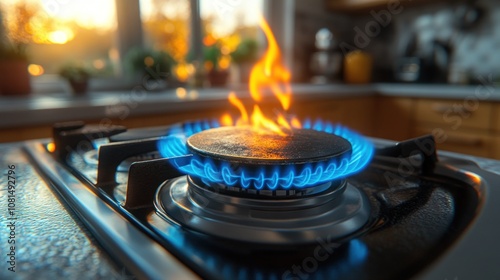 Close-up of a gas stove burner with a blue flame burning.