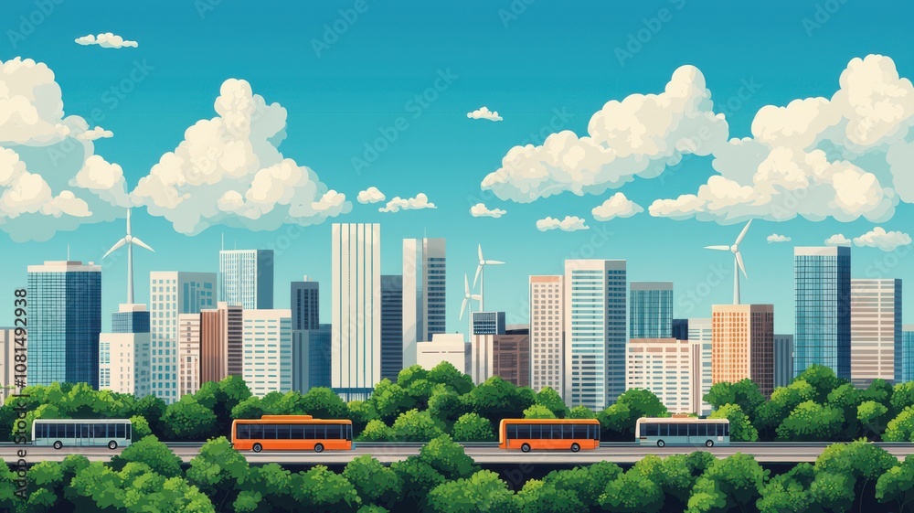 Fototapeta premium A vibrant cityscape featuring modern skyscrapers, green landscapes and stylized public transport under a bright blue sky with fluffy clouds.