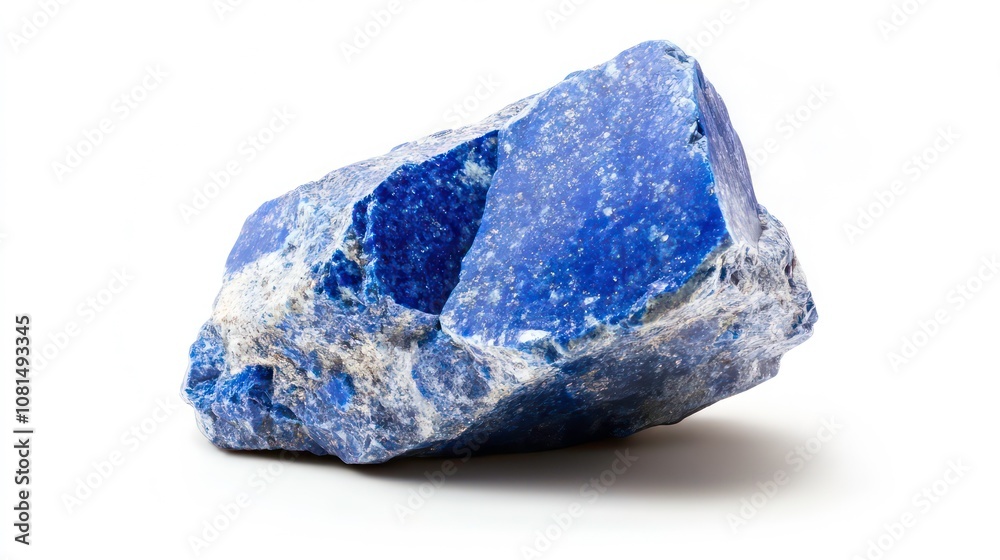 A large, rough, blue lapis lazuli stone with white veins isolated on a white background. A large, rough, blue lapis lazuli stone with white veins isolated on a white background.