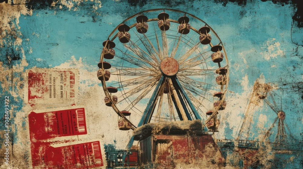 Fototapeta premium Vintage Ferris wheel with grunge background.