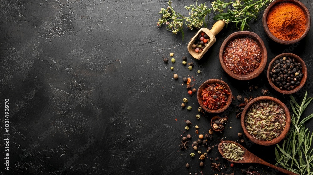 Assorted spices and herbs in rustic bowls on dark background Assorted spices and herbs in rustic bowls on dark background