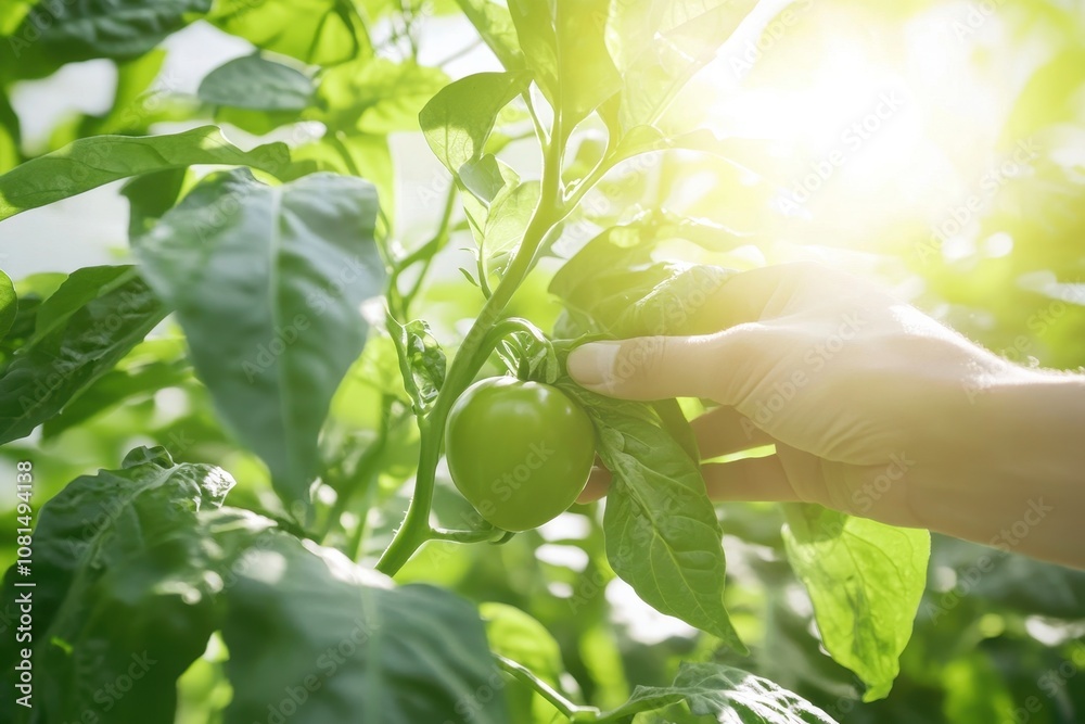 Close-Up of a Person Hand-Picking a Fresh Green Bell Pepper from a Lush Garden with Soft Sunlight Filtering Through the Leaves Close-Up of a Person Hand-Picking a Fresh Green Bell Pepper from a Lush Garden with Soft Sunlight Filtering Through the Leaves