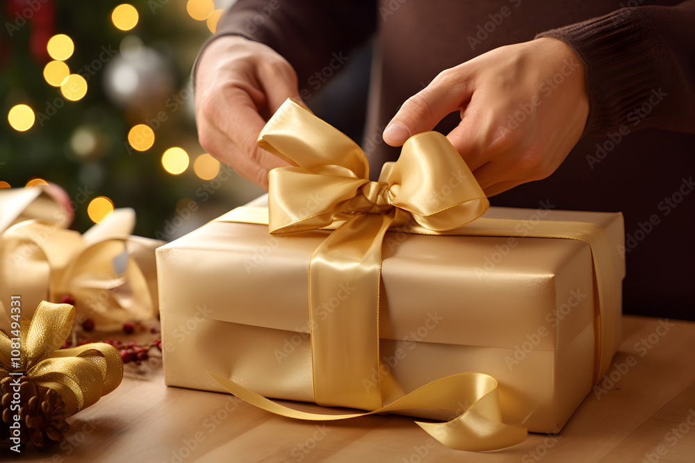 Close-Up hands tying a golden bow on Christmas present, festive gift wrapping Close-Up hands tying a golden bow on Christmas present, festive gift wrapping