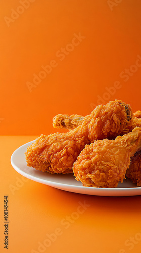 Delicious crispy fried chicken wings plate food photography tasty meal gourmet fashion orange background with copy space. for cuisine dishes restaurant recipe advertising
