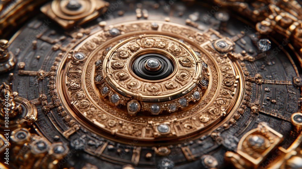 Close-up of a intricate golden clock face with diamond accents. Close-up of a intricate golden clock face with diamond accents.