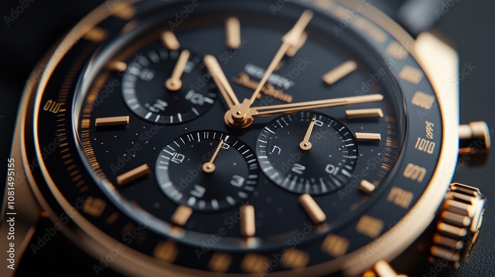 Close-up of a luxury gold chronograph watch face. Close-up of a luxury gold chronograph watch face.
